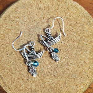HTF Swarovski & Silver Earrings Fishing Boat Fish Blue Water Colored Crystal